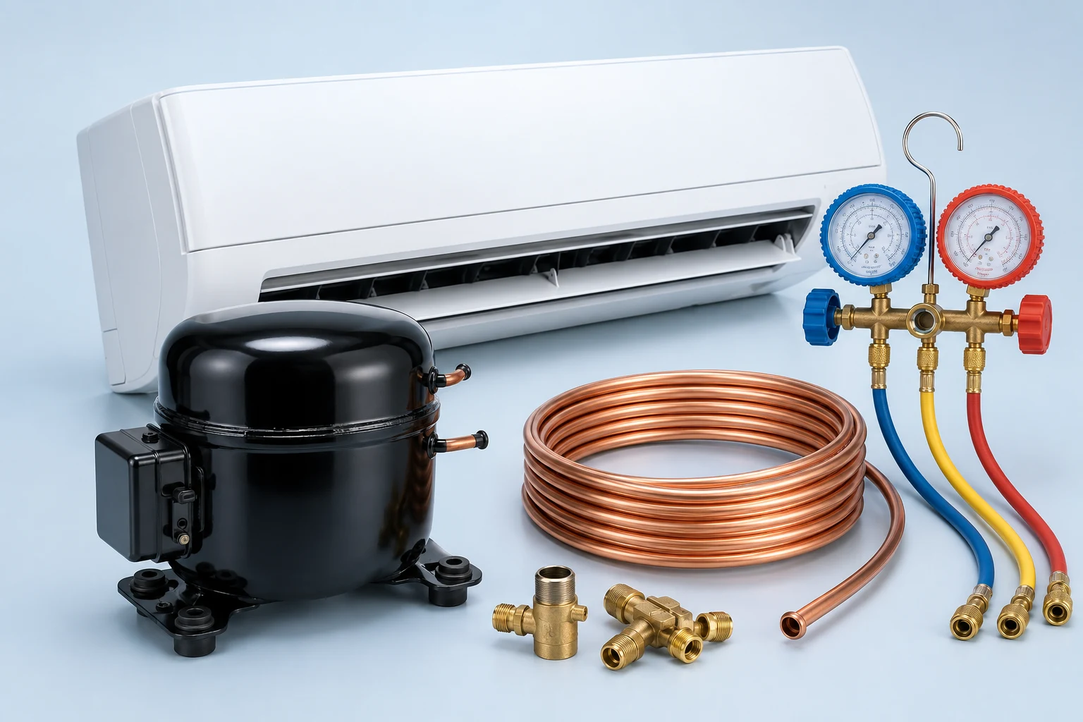 Climatiseur, compresseur frigorifique, cuivre et manifold de service